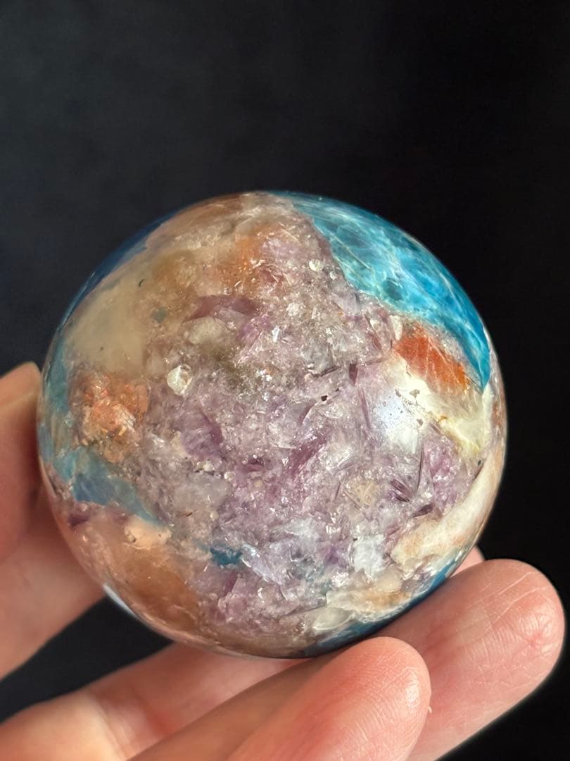 アパタイト&サンストーン&レピドライト&トルマリン共生　スフィア　5.25cm