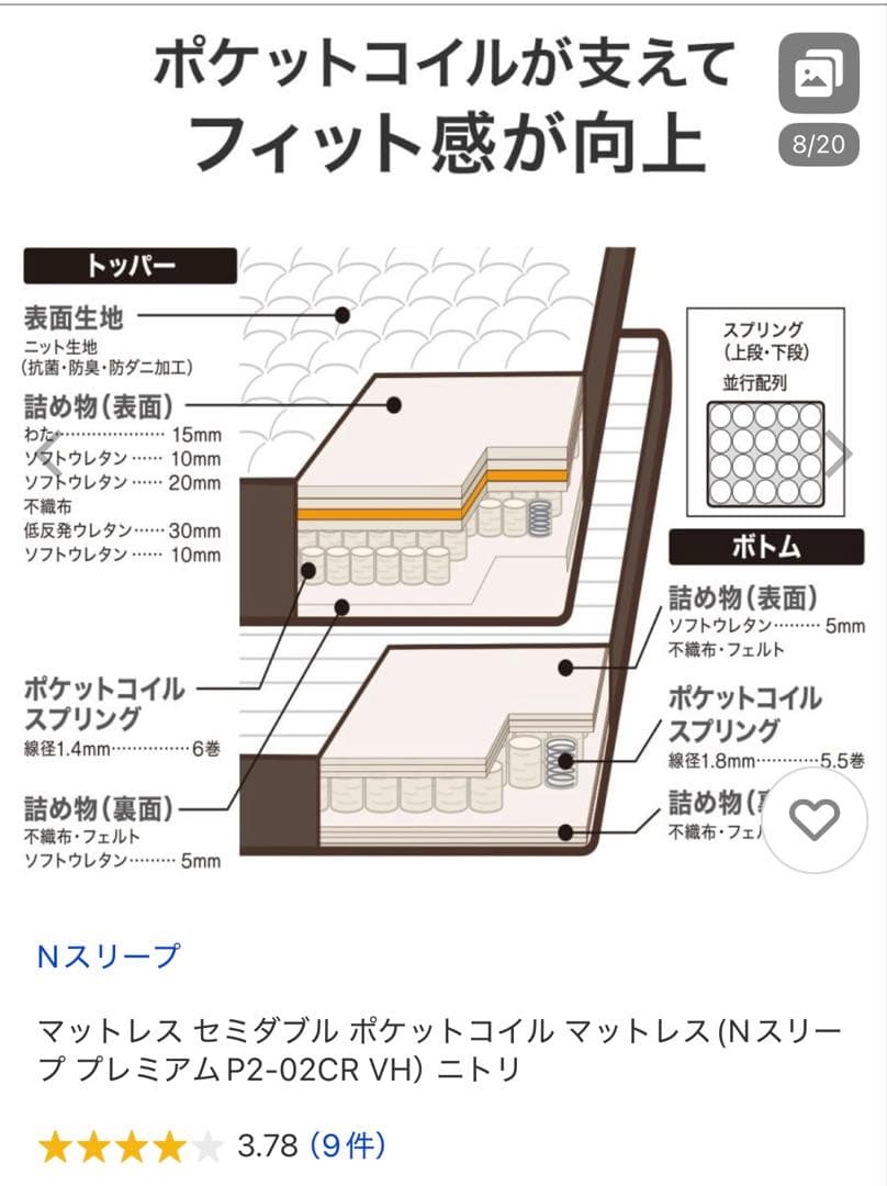 ①セミダブルマットレス Nスリープ P2-02CR VHポケットコイル短期使用