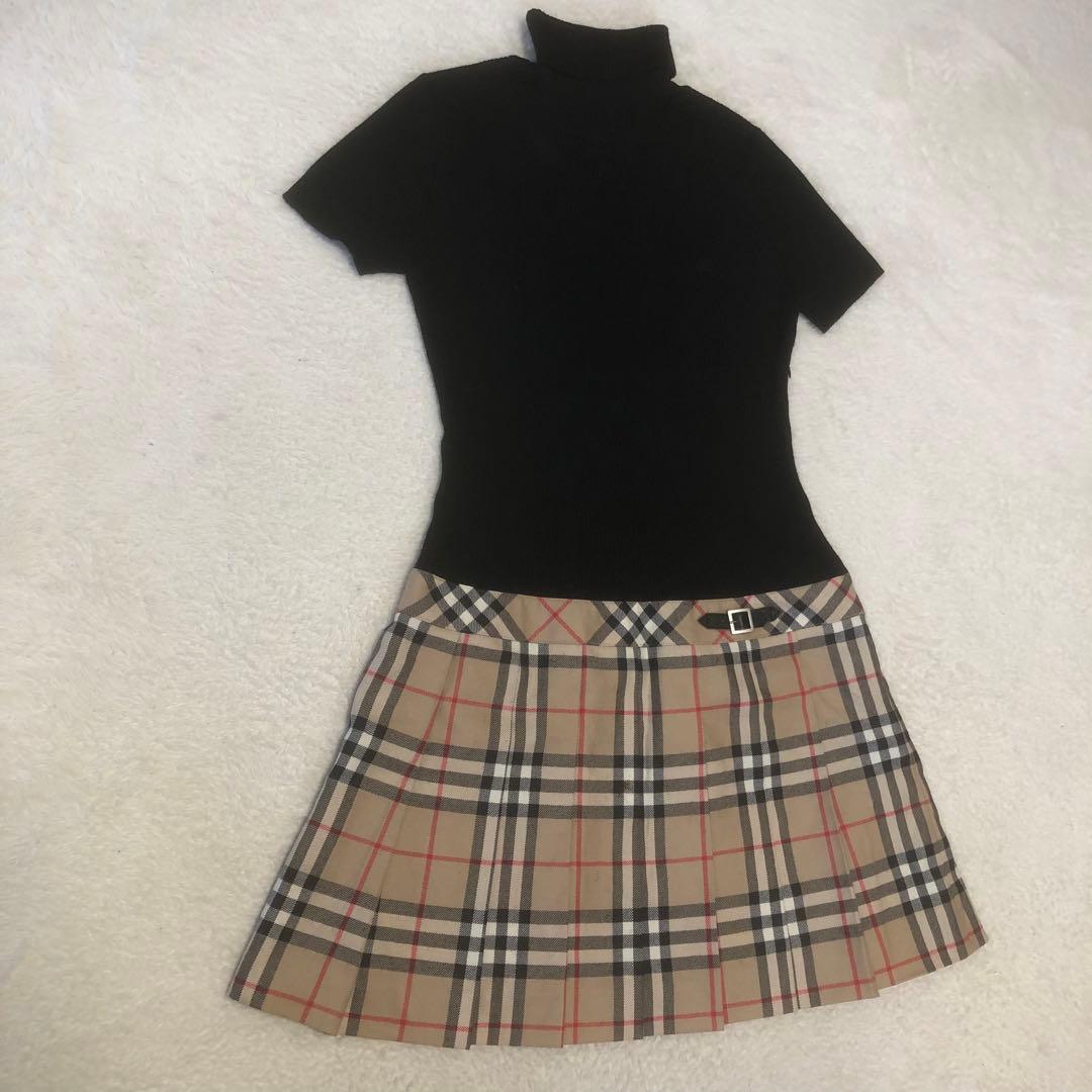 バーバリーロンドン　ドッキングプリーツワンピース　タートルネック　ノバチェック