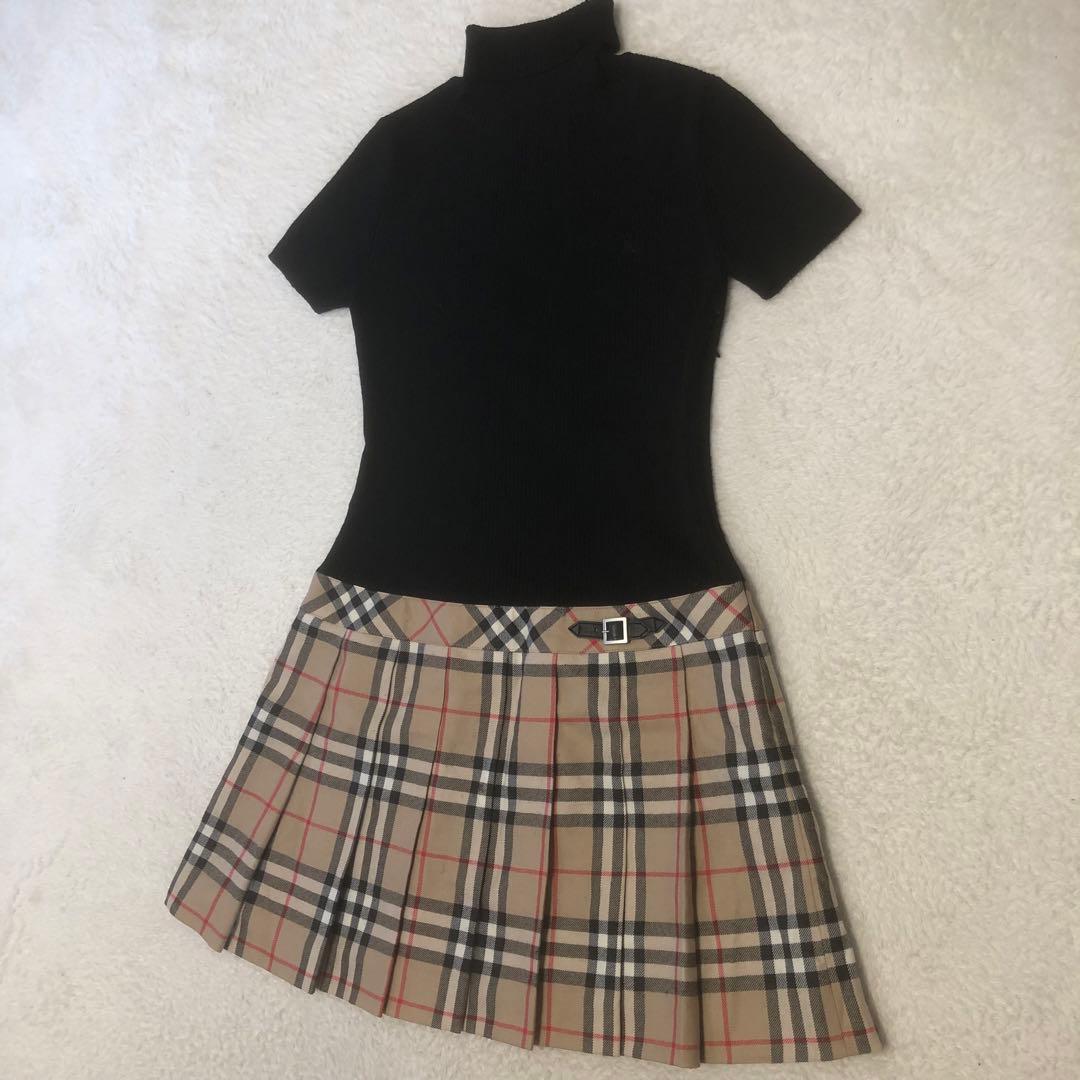 バーバリーロンドン　ドッキングプリーツワンピース　タートルネック　ノバチェック