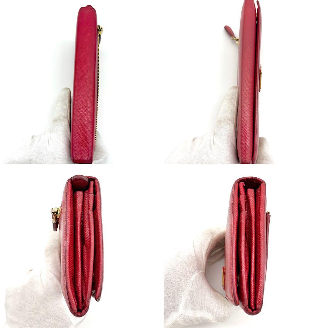 【美品】PRADA　長財布　サフィアーノレザー　三角ロゴ　赤　ゴールド　二つ折り