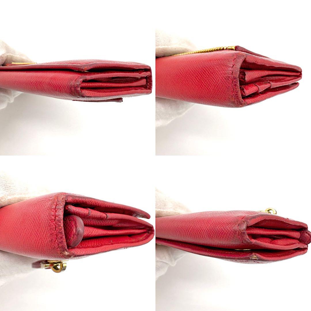 【美品】PRADA　長財布　サフィアーノレザー　三角ロゴ　赤　ゴールド　二つ折り