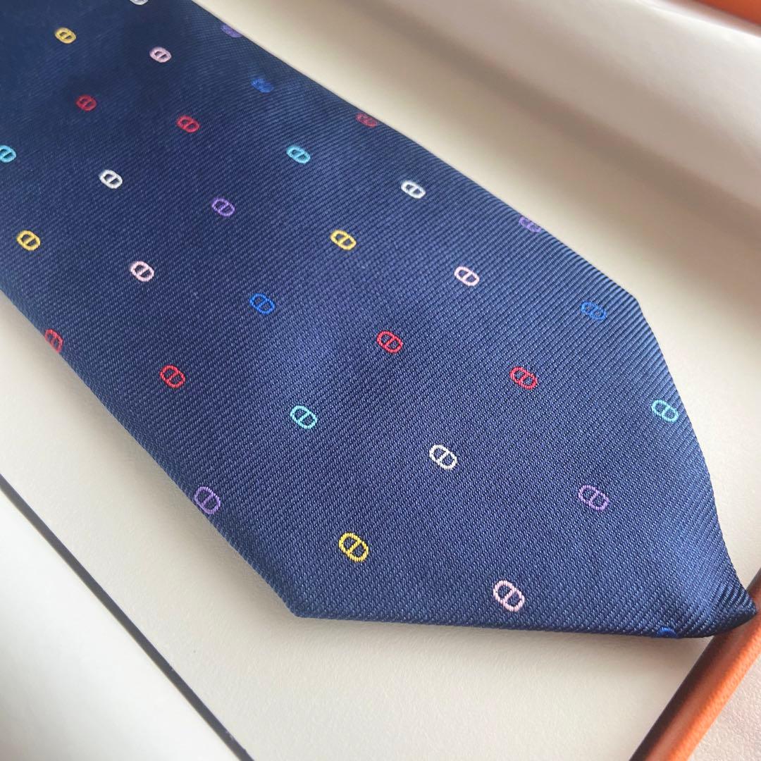【buruaaaaaaaa】エルメス ネクタイ マルチカラー　紺　ネイビー