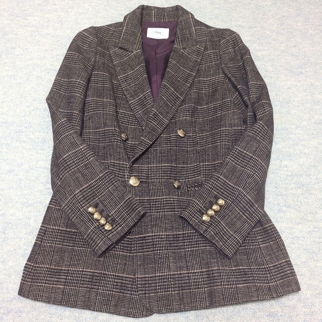 IENA モールチェック ダブルブレストジャケット 金ボタン ブラウン 36
