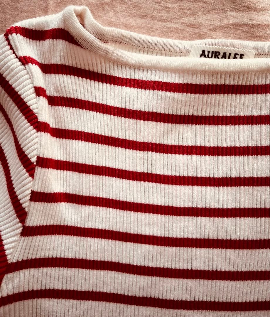 【ロンハーマン別注】AURALEE ギザボートネック リブニット 赤×白 1