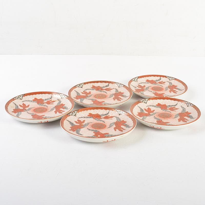 りんぞう　赤絵八郎手　金魚文　手塩皿　小皿　五客　時代箱　D　R7514