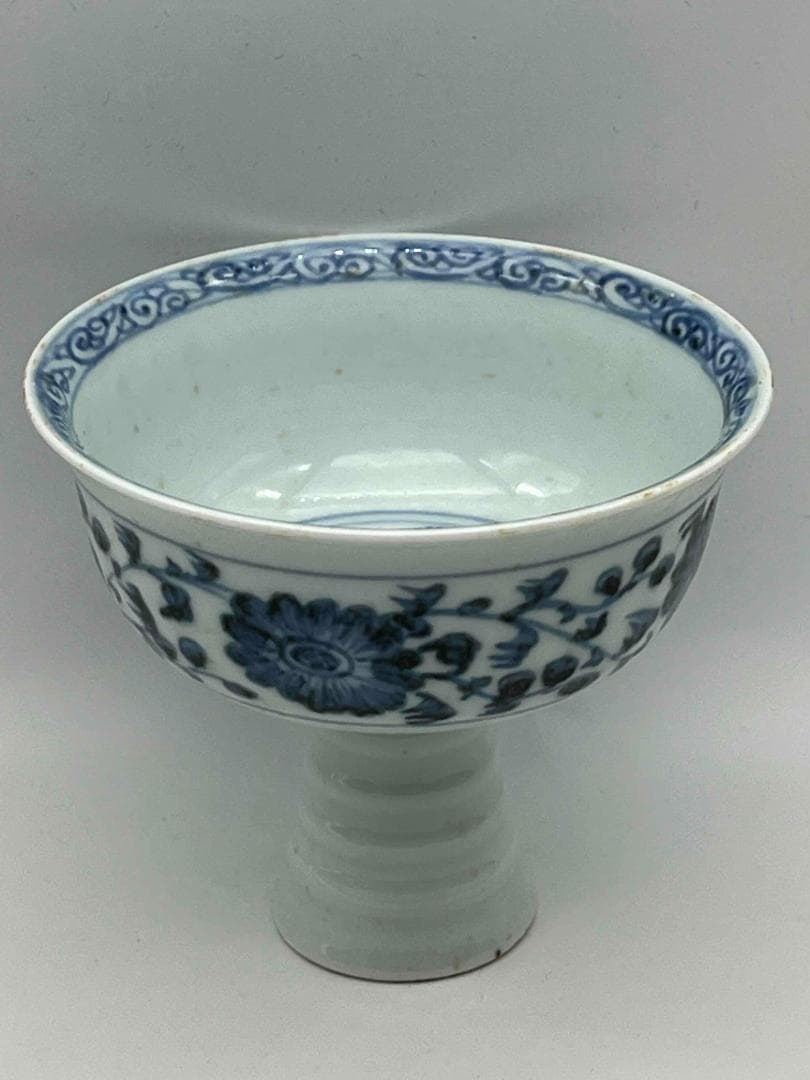 田中 野夫 元時代青花纏枝蓮紋 松竹梅紋三清図高足杯馬上杯酒杯(F-91)