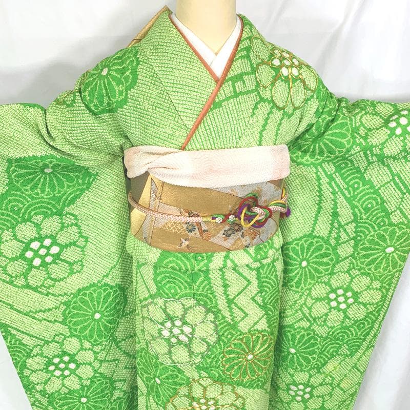 411aj49〇総絞り ジュニア振袖＆袋帯 金駒刺繍 銀駒刺繍 十三参り〇美品