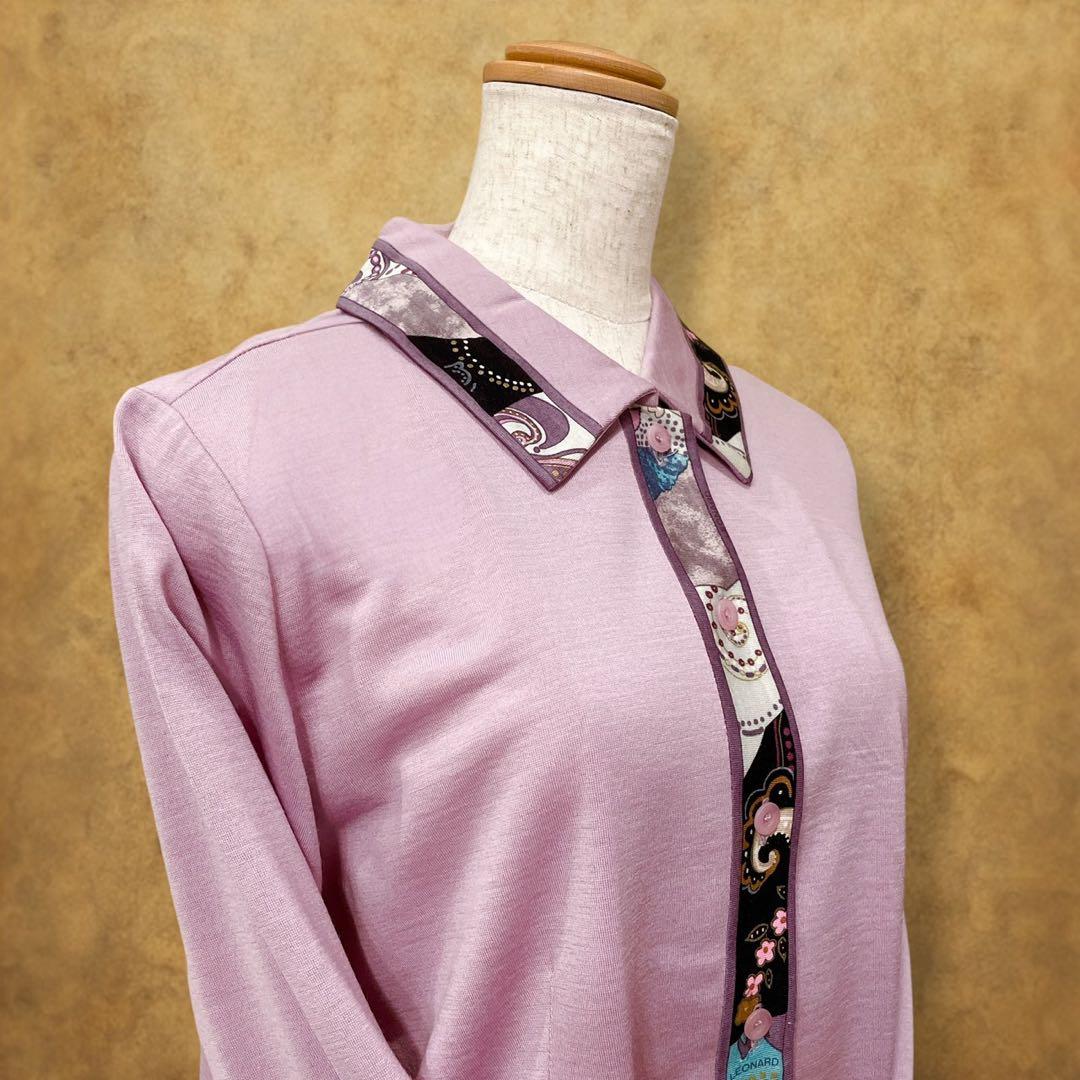 【時巡る】LEONARD 花柄 長袖ポロシャツ 紫系 LL 上品デザイン