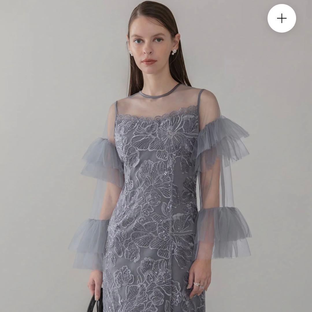 LEJA フリルチュールスリーブレースIラインワンピースドレス