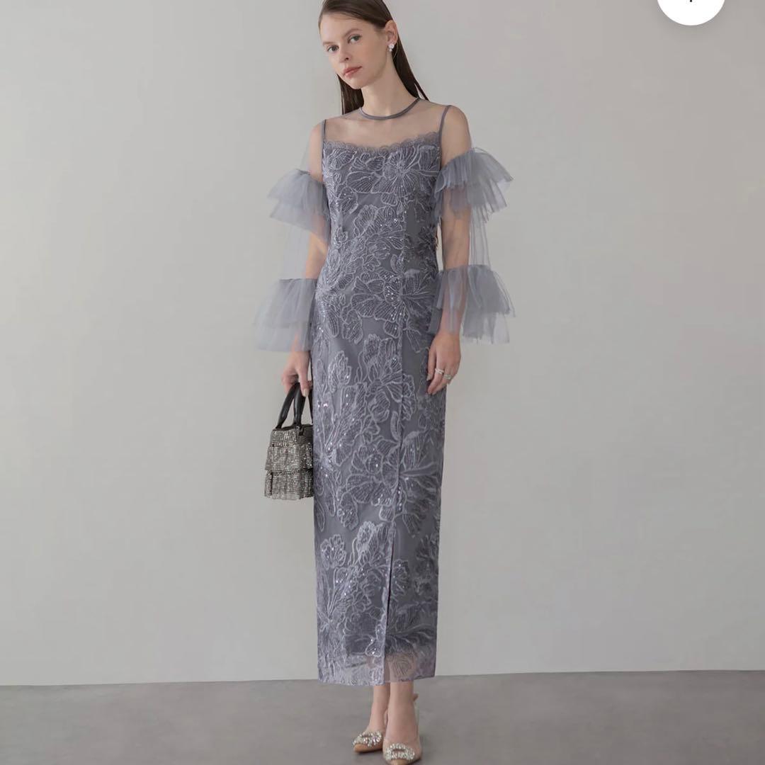 LEJA フリルチュールスリーブレースIラインワンピースドレス