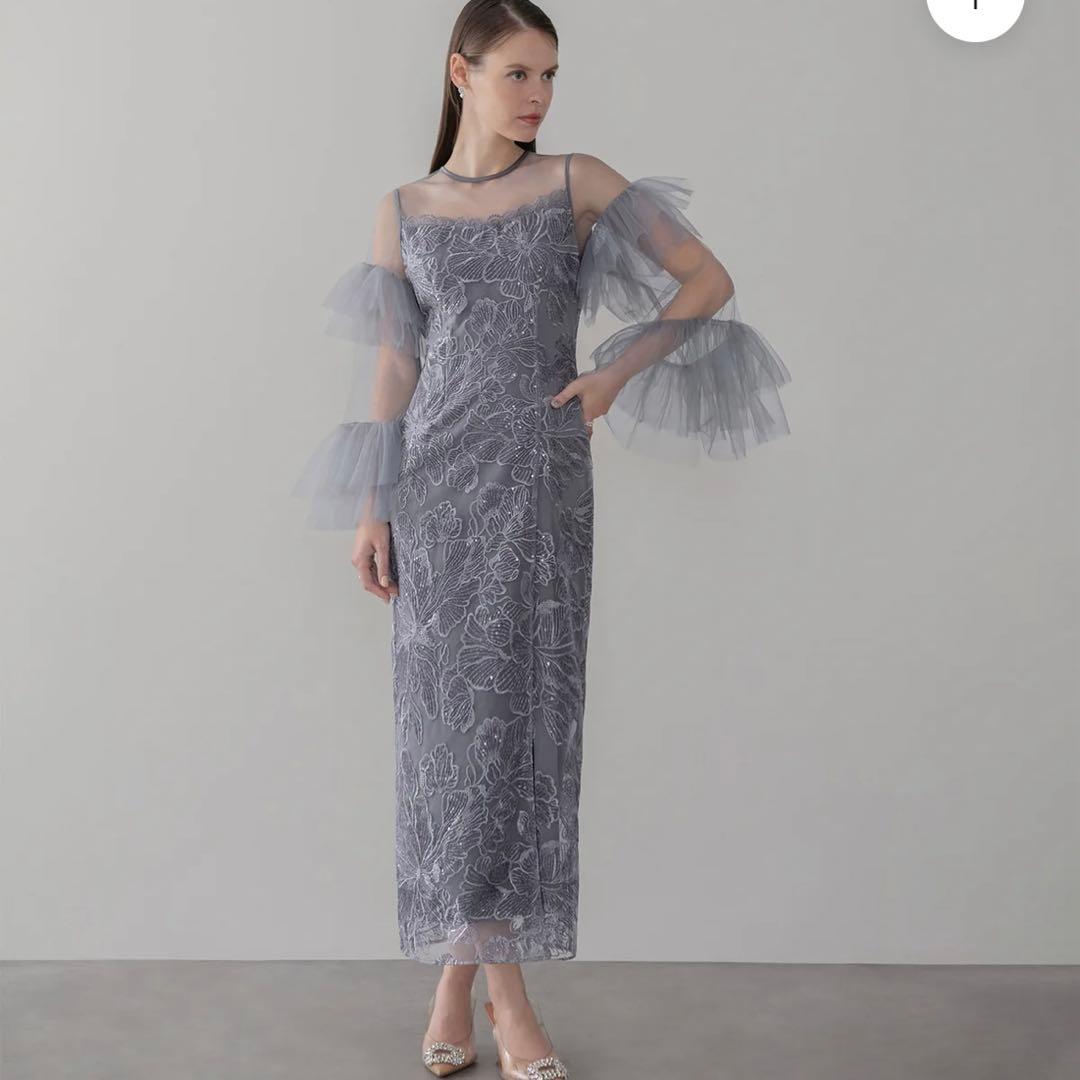 LEJA フリルチュールスリーブレースIラインワンピースドレス