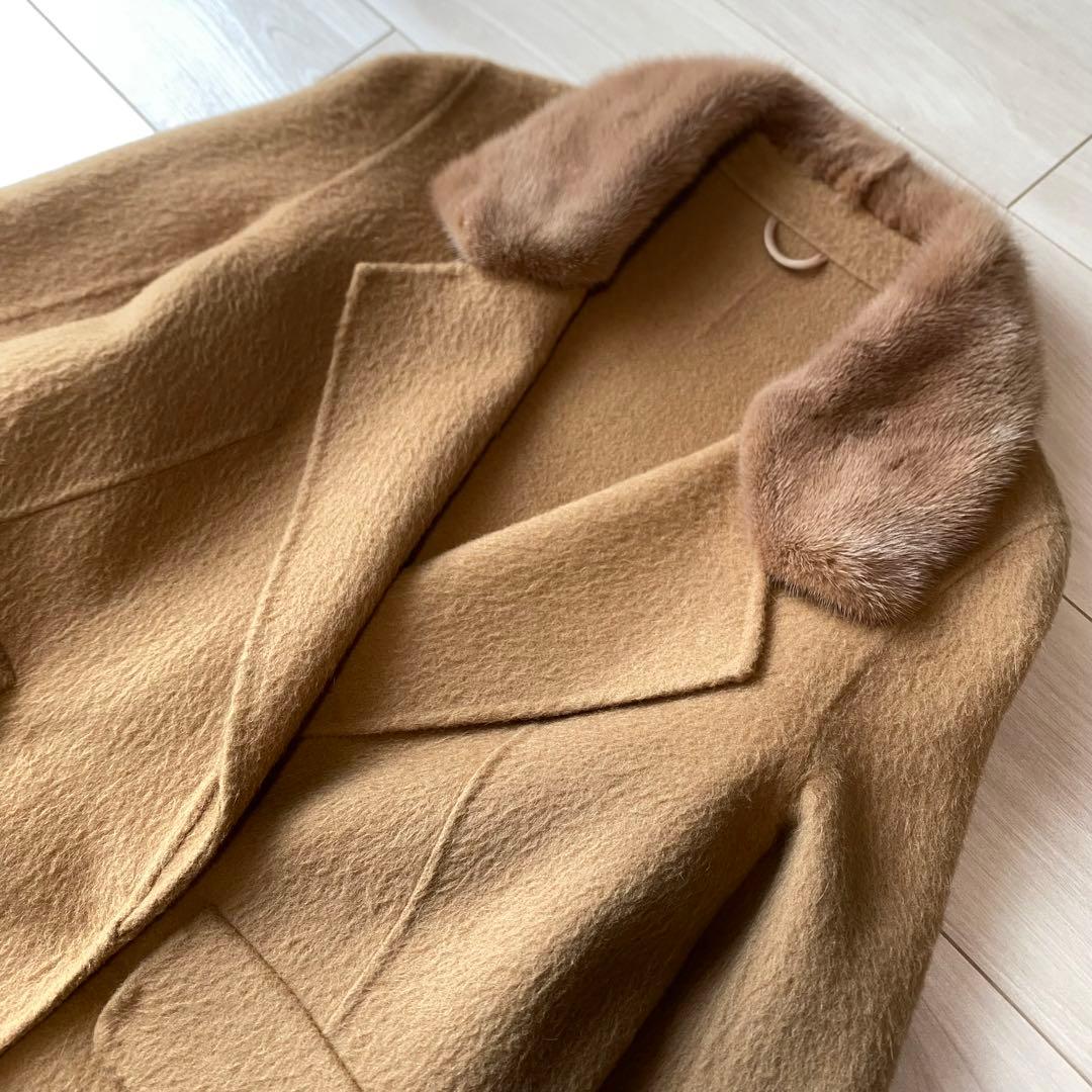 【アルパカ】zoeeウールアルパカ ロングコート ミンクファー襟 キャメル ゾエ