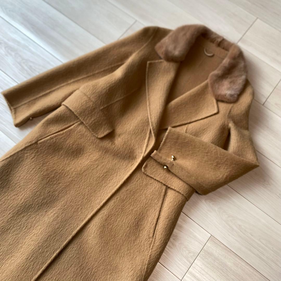 【アルパカ】zoeeウールアルパカ ロングコート ミンクファー襟 キャメル ゾエ