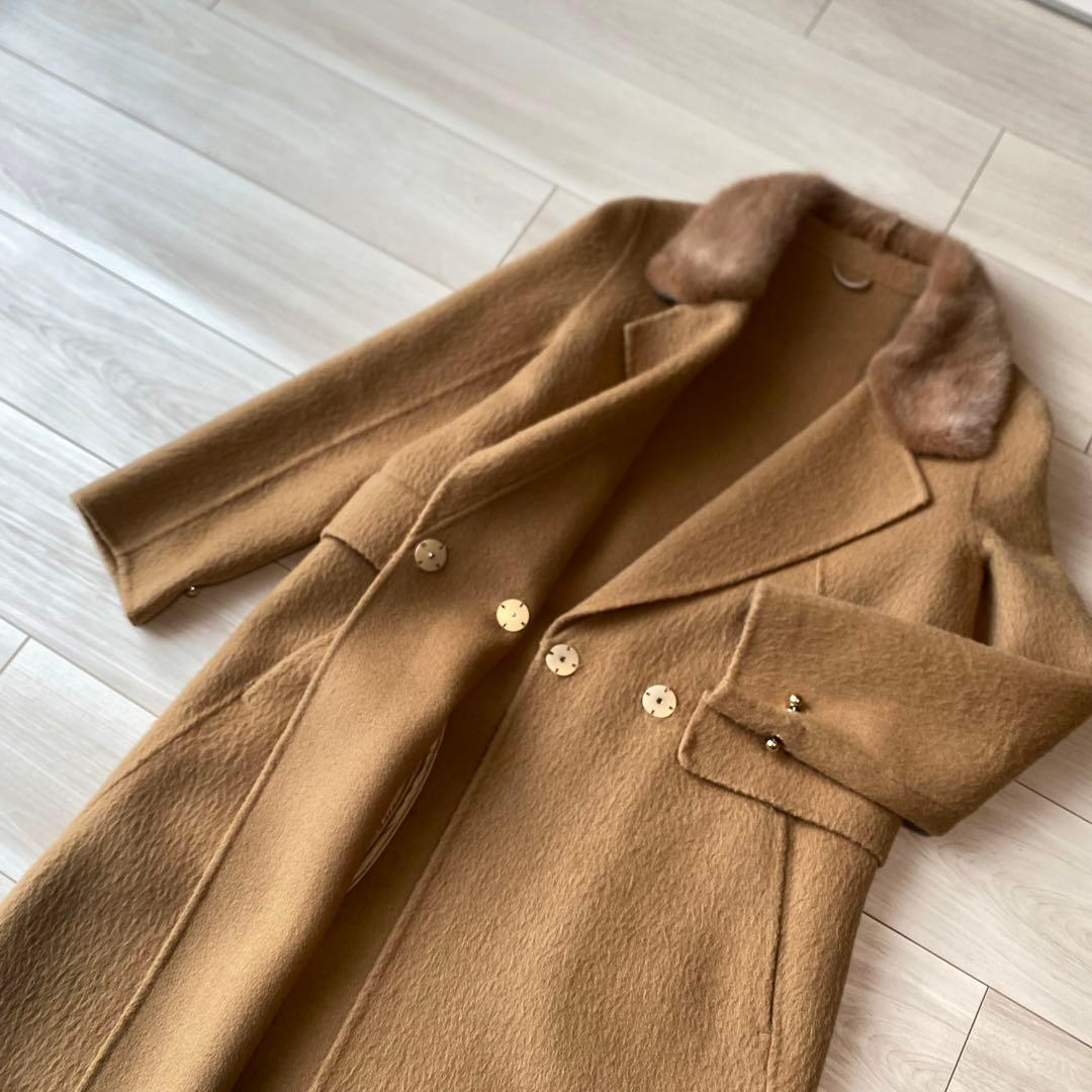 【アルパカ】zoeeウールアルパカ ロングコート ミンクファー襟 キャメル ゾエ