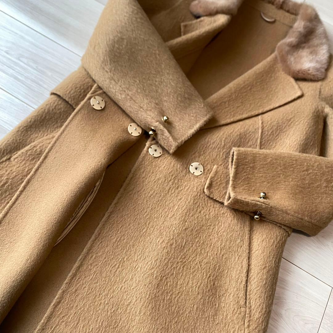 【アルパカ】zoeeウールアルパカ ロングコート ミンクファー襟 キャメル ゾエ