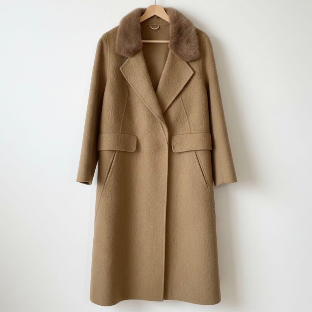 【アルパカ】zoeeウールアルパカ ロングコート ミンクファー襟 キャメル ゾエ
