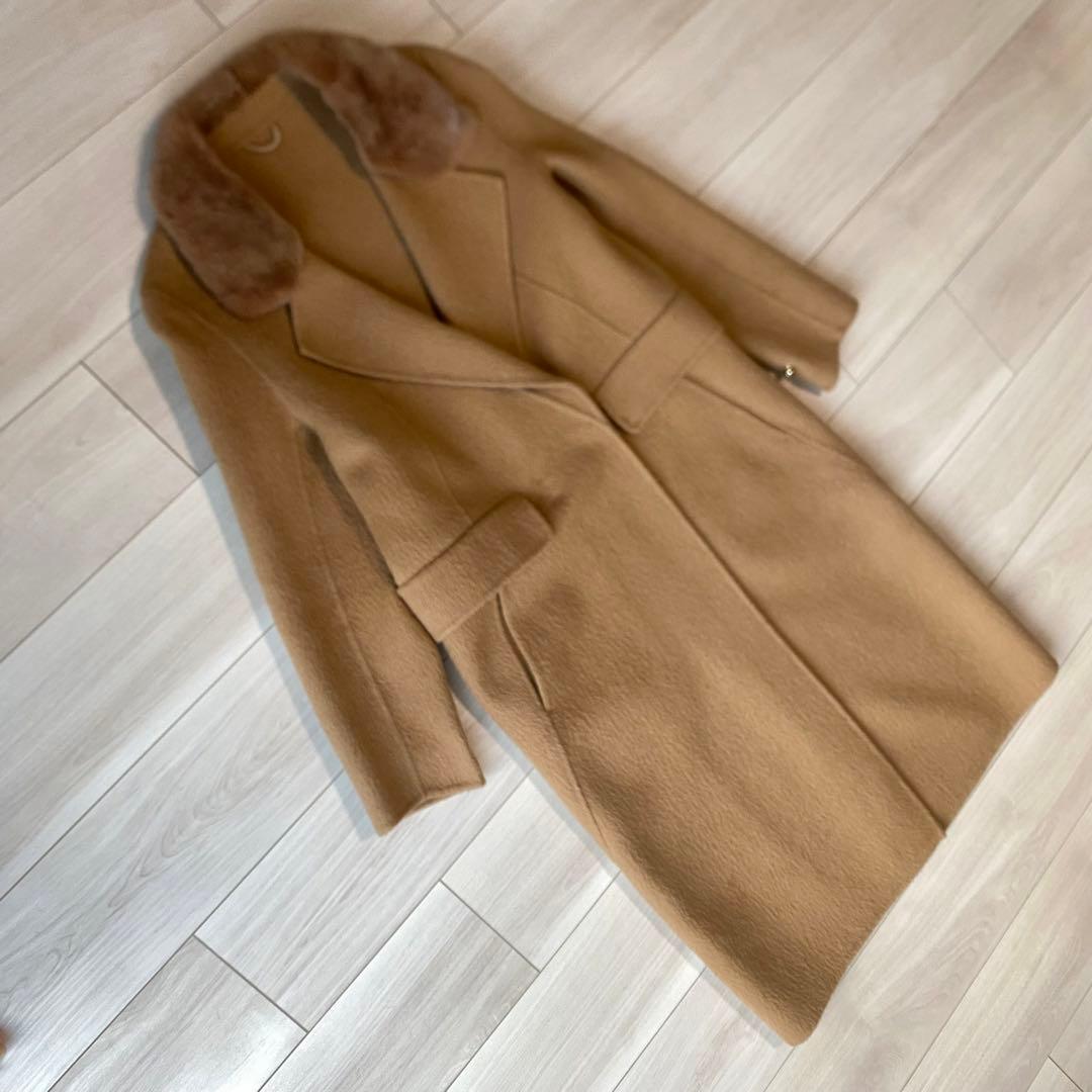 【アルパカ】zoeeウールアルパカ ロングコート ミンクファー襟 キャメル ゾエ