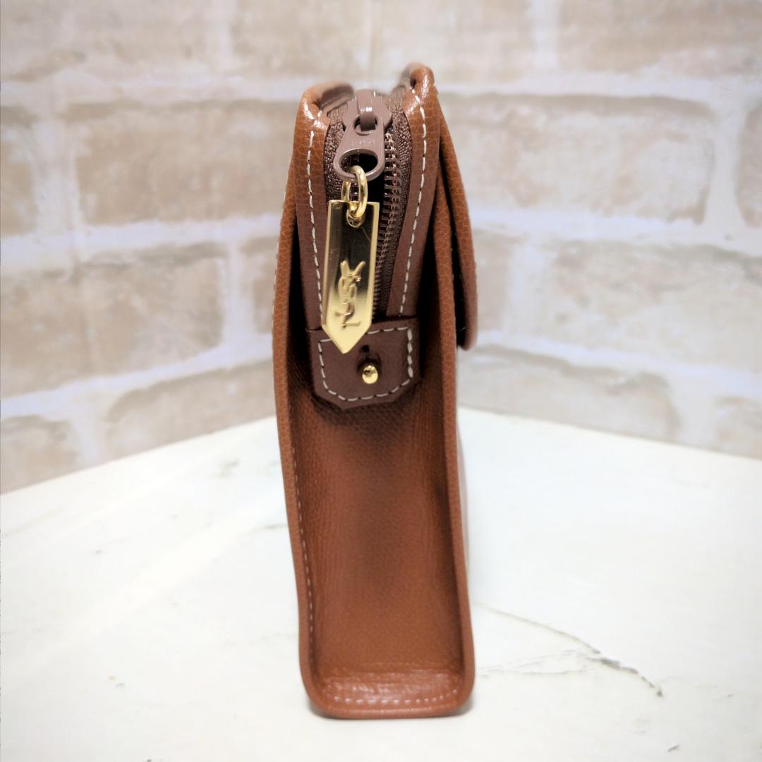 ★【イヴ・サンローラン】立体刺繍 シボ革 /セカンドバッグ ブラウン 新同品