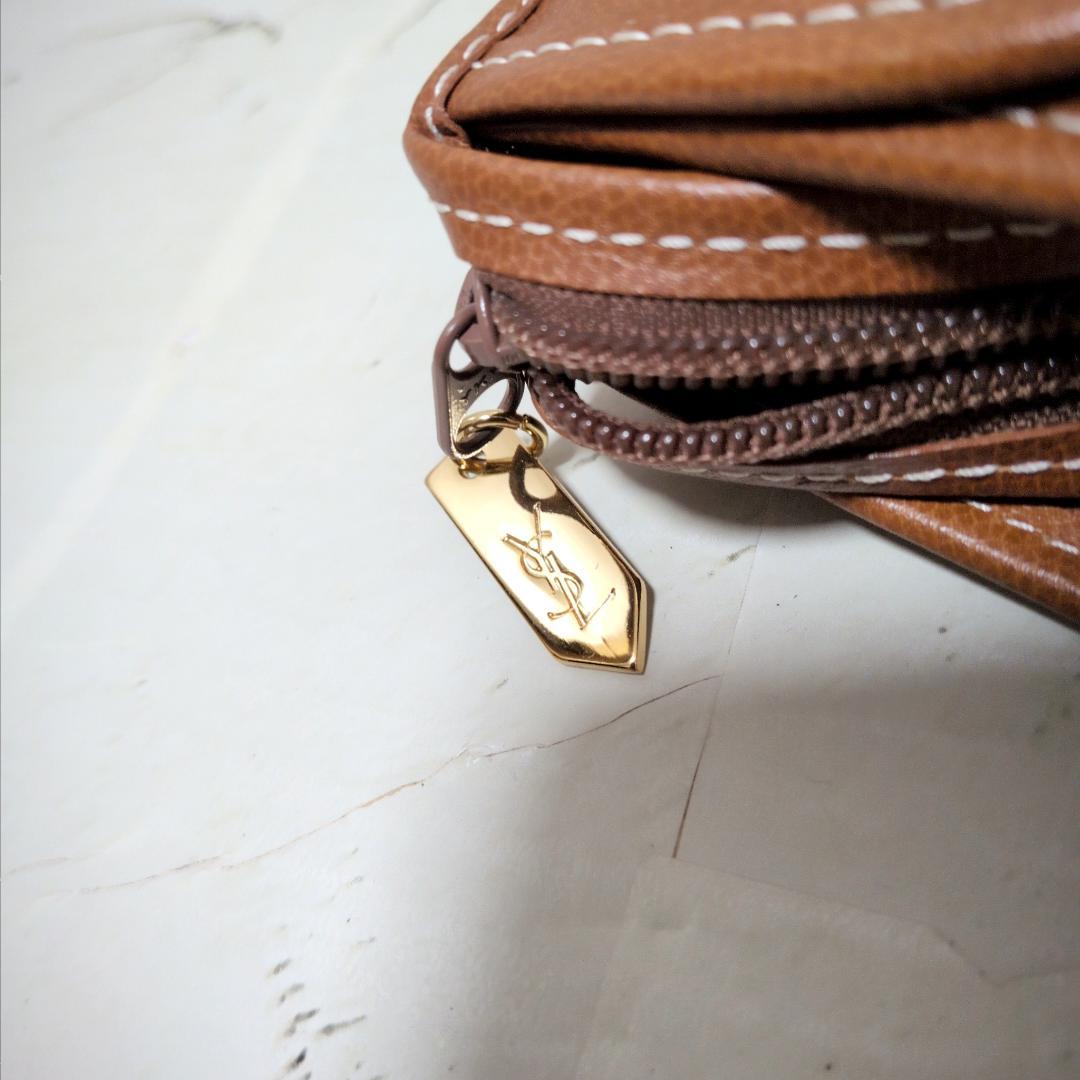 ★【イヴ・サンローラン】立体刺繍 シボ革 /セカンドバッグ ブラウン 新同品