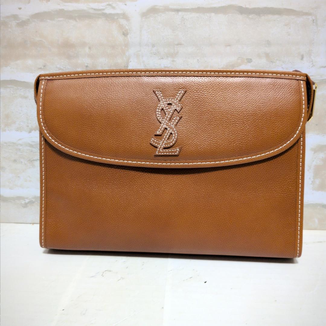 ★【イヴ・サンローラン】立体刺繍 シボ革 /セカンドバッグ ブラウン 新同品