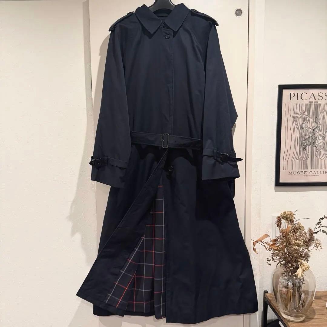 美品‼️バーバリー　ステンカラーコート　裏地ノバチェック ネイビー 高品質マキシ丈