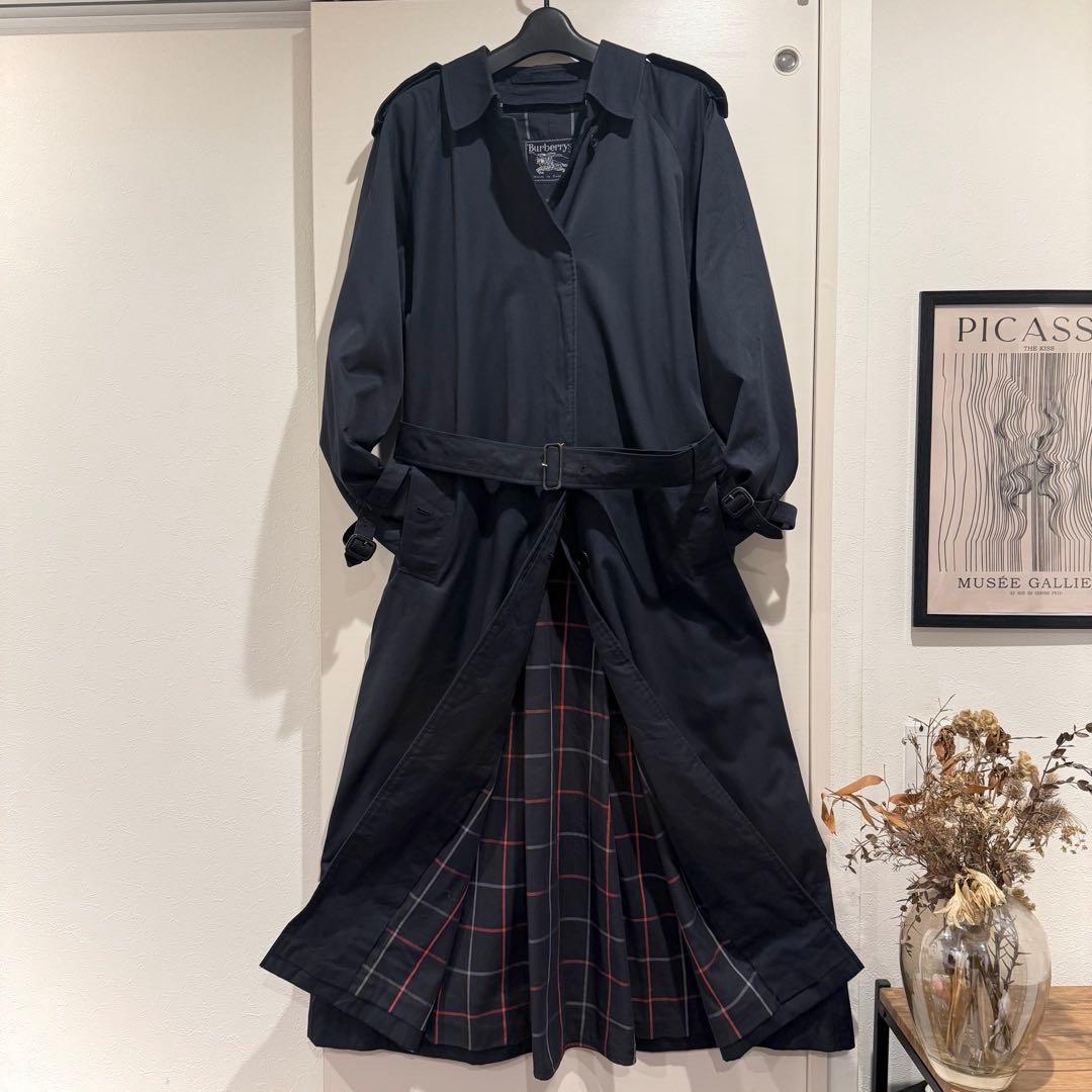 美品‼️バーバリー　ステンカラーコート　裏地ノバチェック ネイビー 高品質マキシ丈