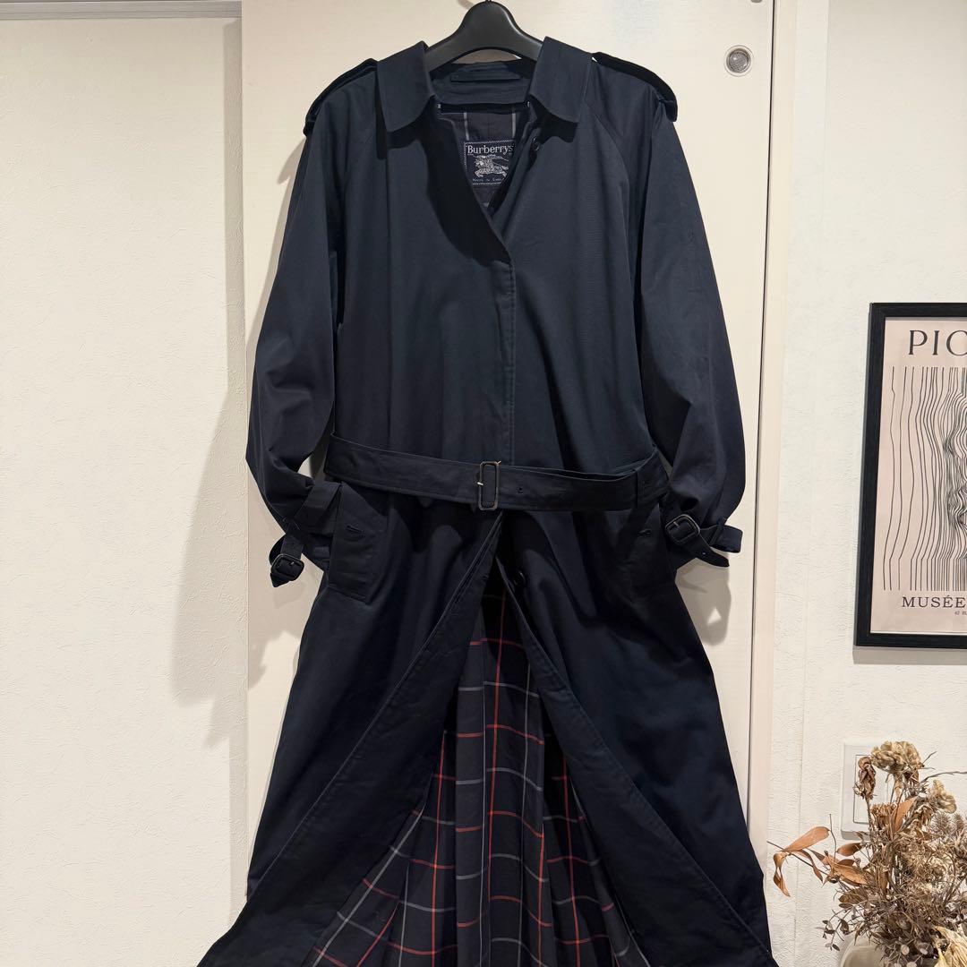美品‼️バーバリー　ステンカラーコート　裏地ノバチェック ネイビー 高品質マキシ丈