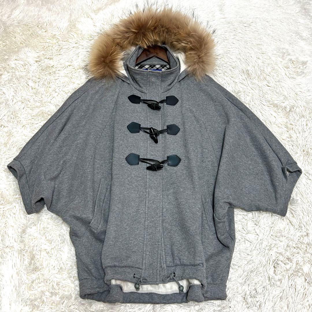 美品　バーバリーブルーレーベル　ポンチョコート　38 牛革　タヌキファー　グレー