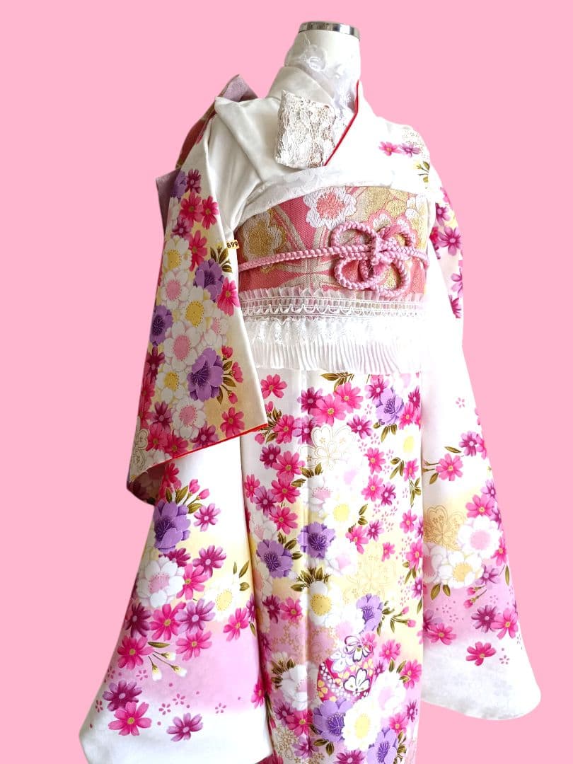 白地に花模様の着物とピンク系作り帯セット☆七五三ハーフ成人式