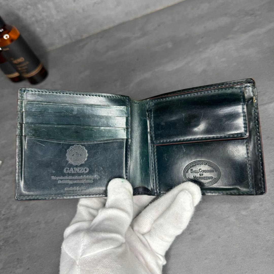 【訳アリ品】GANZO シェルコードバン2 ２つ折り財布 小銭入れ付き ネイビー