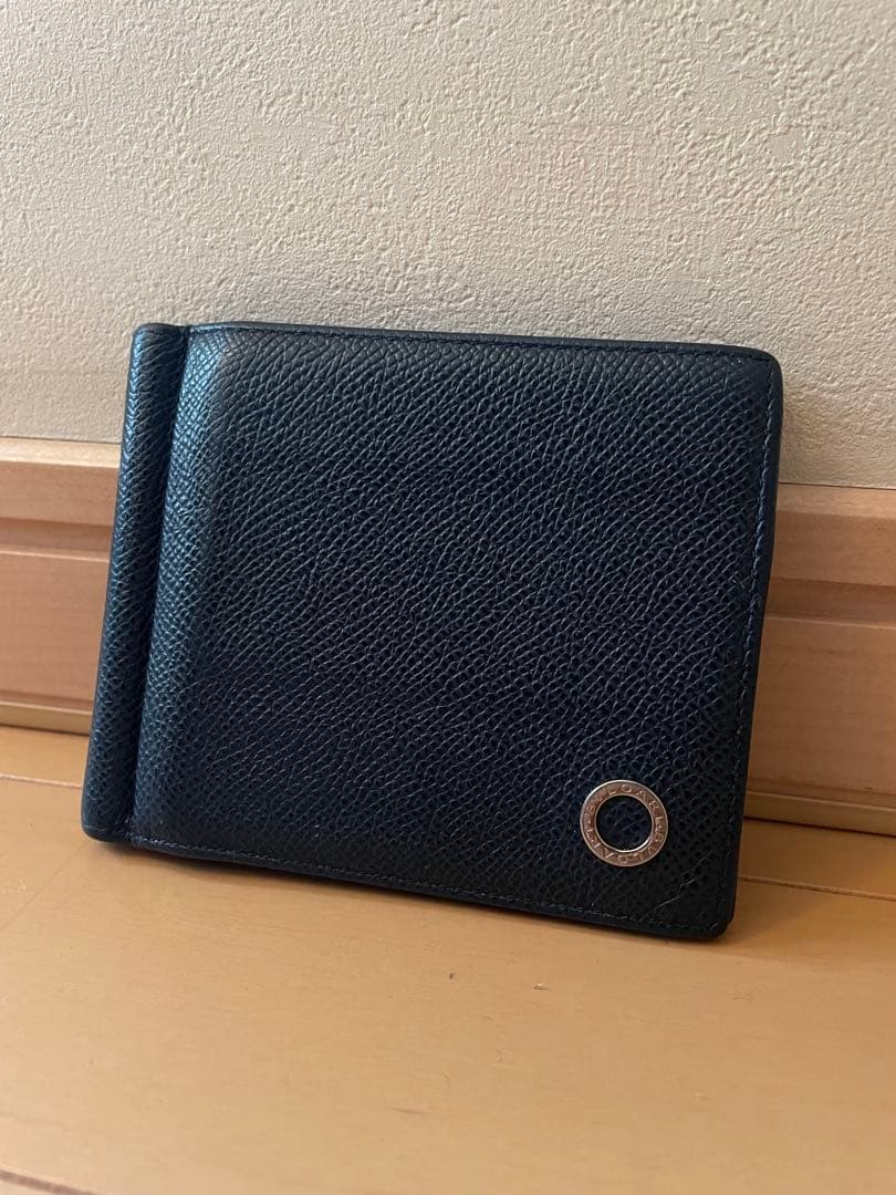 ブルガリBVLGARI マネークリップ ネイビー レザー メンズ