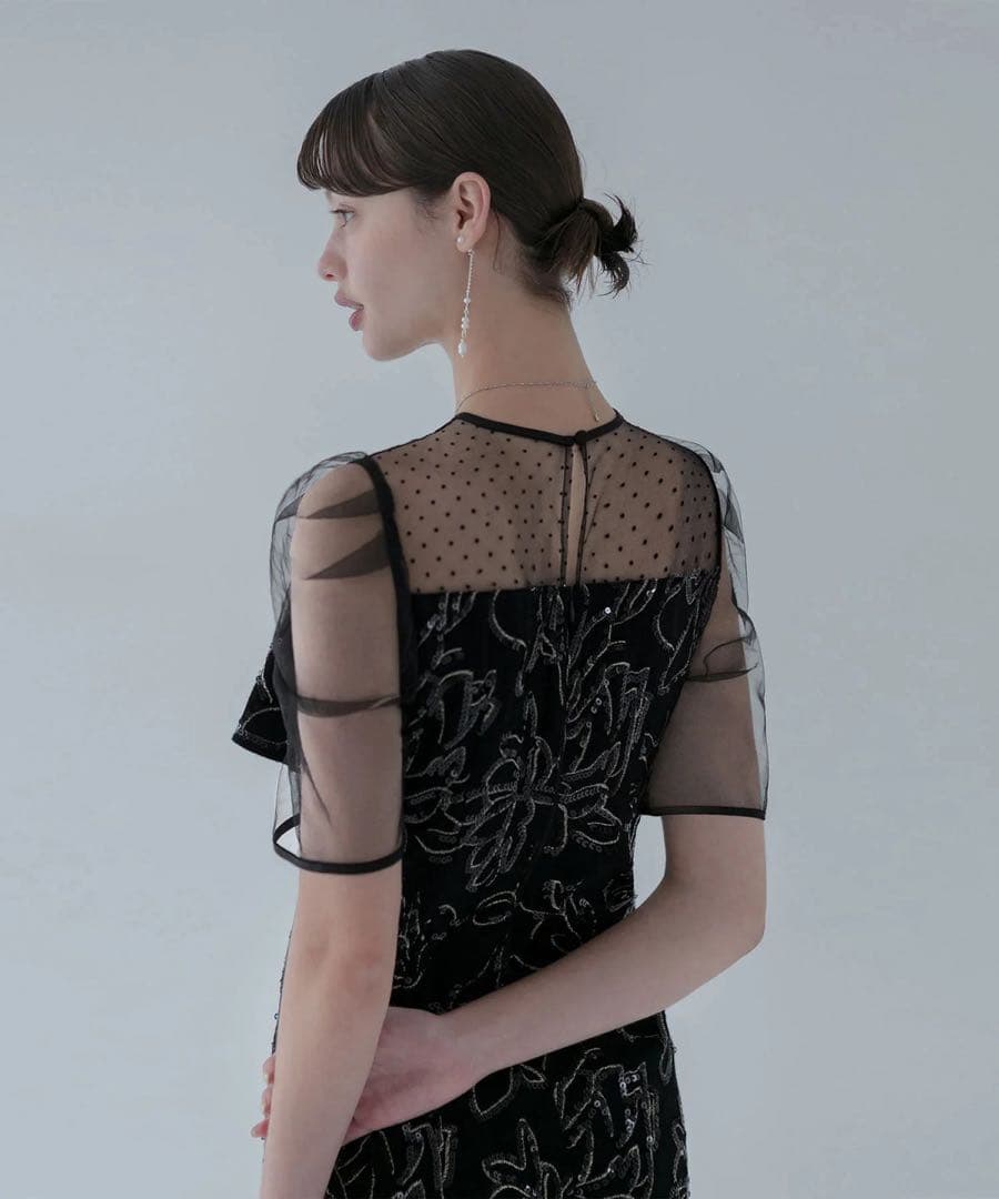 ドットチュールフラワースパンコールIラインワンピースドレス結婚式パーティー成人式