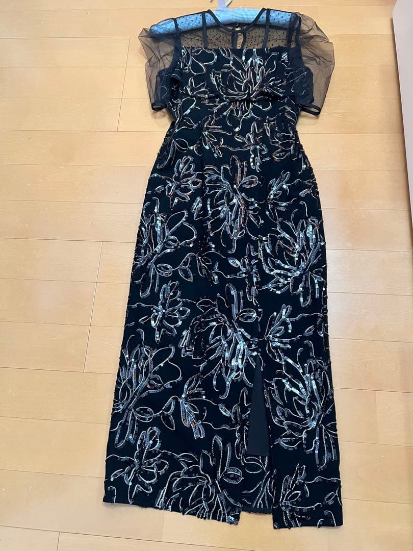 ドットチュールフラワースパンコールIラインワンピースドレス結婚式パーティー成人式