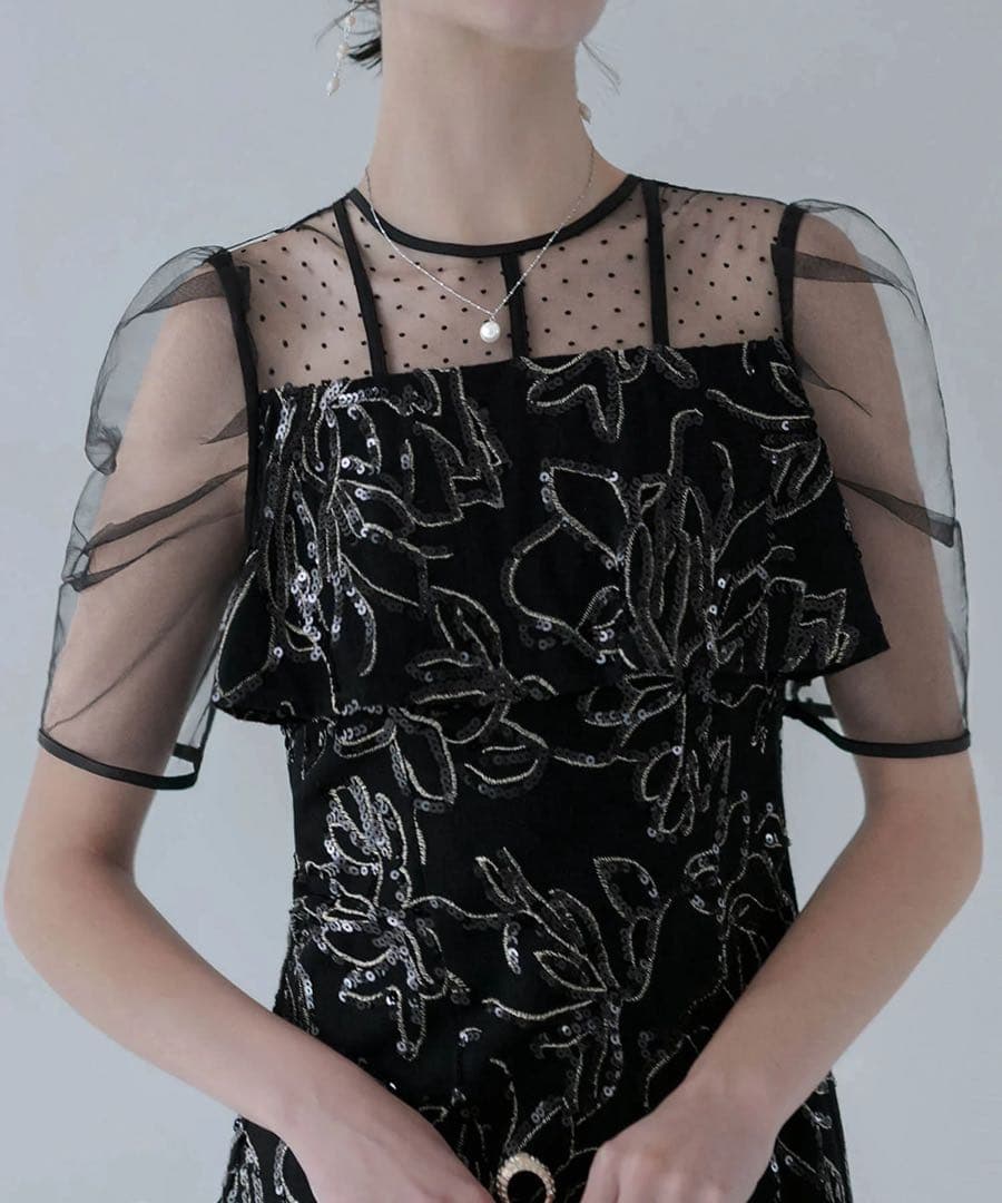 ドットチュールフラワースパンコールIラインワンピースドレス結婚式パーティー成人式