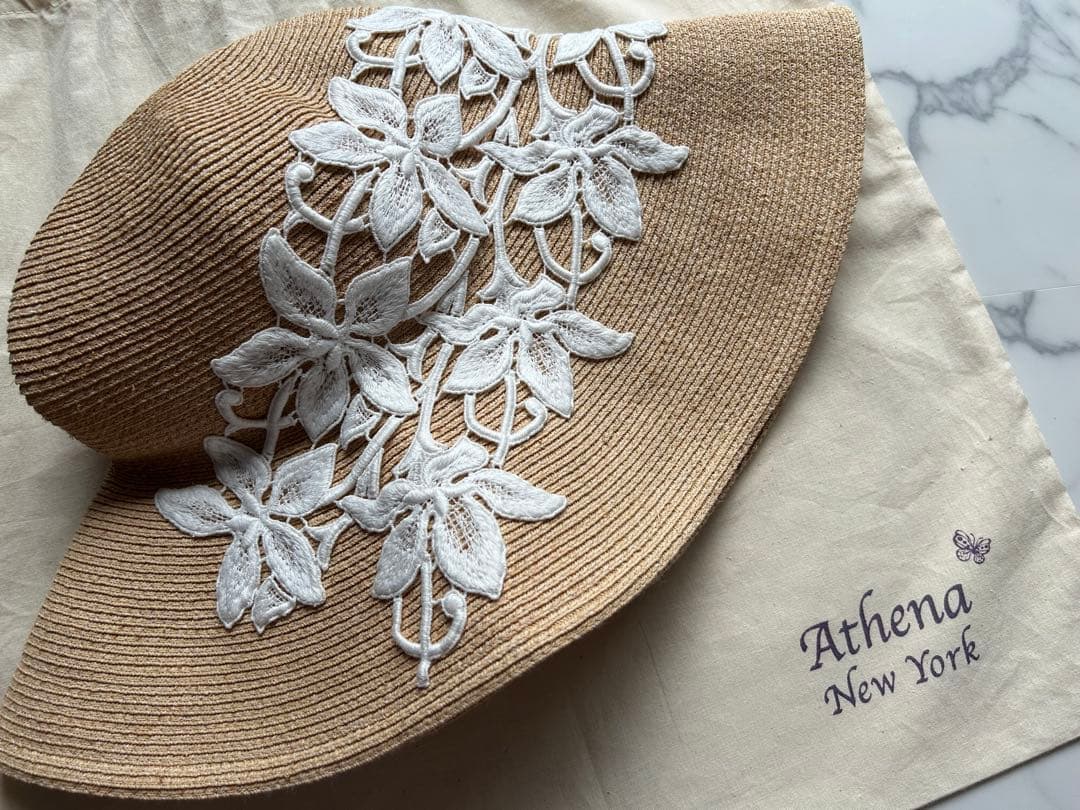 【美品】Athena New York 麦わら帽子 プルメリア　刺繍