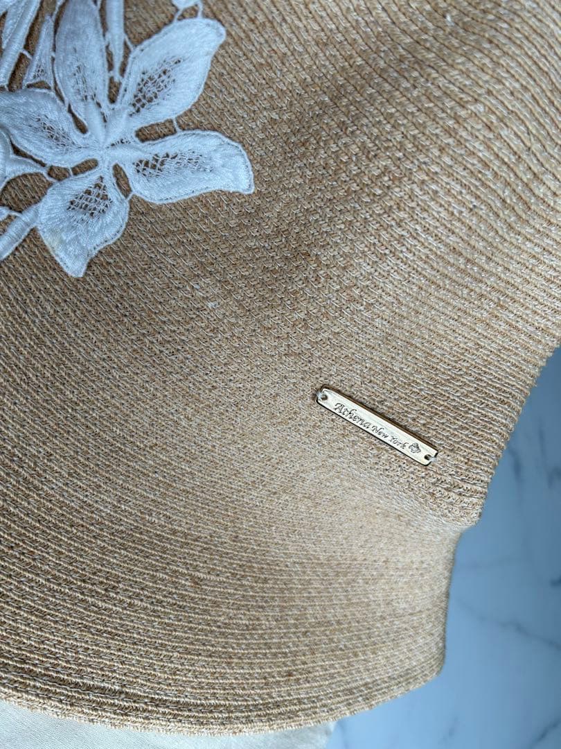 【美品】Athena New York 麦わら帽子 プルメリア　刺繍