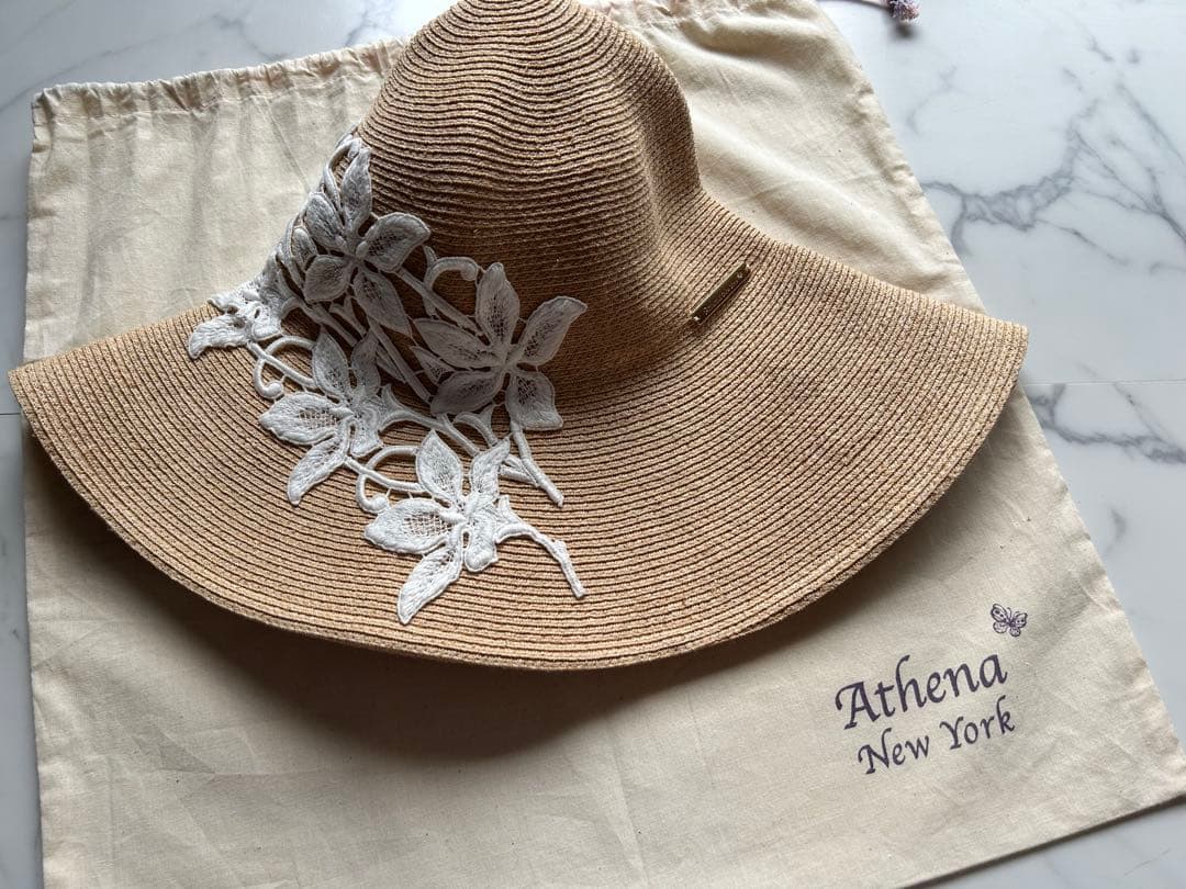 【美品】Athena New York 麦わら帽子 プルメリア　刺繍