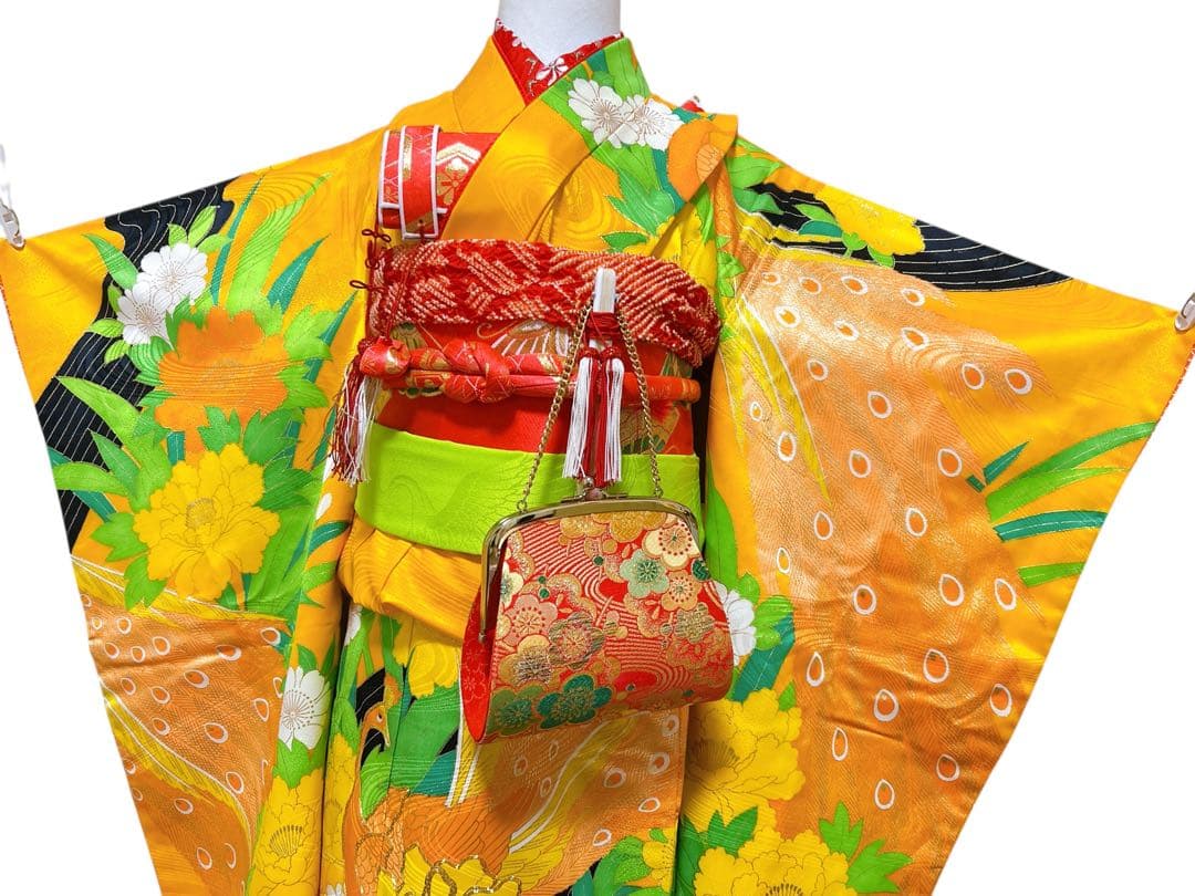 レトロ着物♡七五三　7歳　女の子　フルセット　一式　山吹色　孔雀