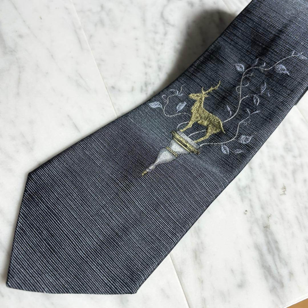 Dominique France ネクタイ 刺繍柄 グレー 鹿 クラウン