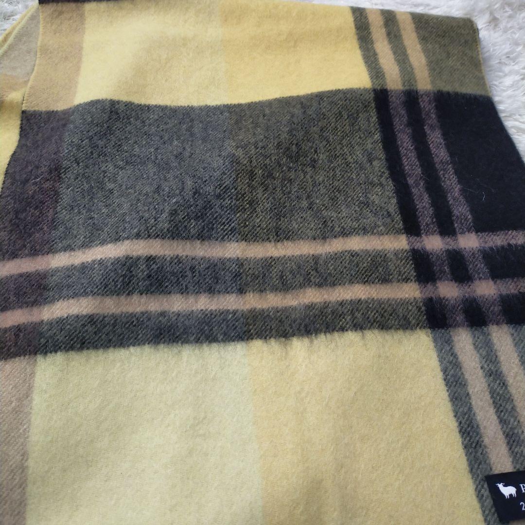 23区　ピュアカシミヤ100％　チェック　フリンジ　マフラー　イエロー　グレー