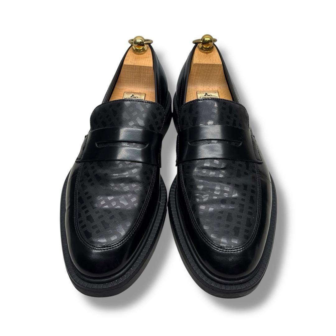 美品■HUGO BOSS【26.0】現行 総柄ロゴ ローファー ブラック 本革