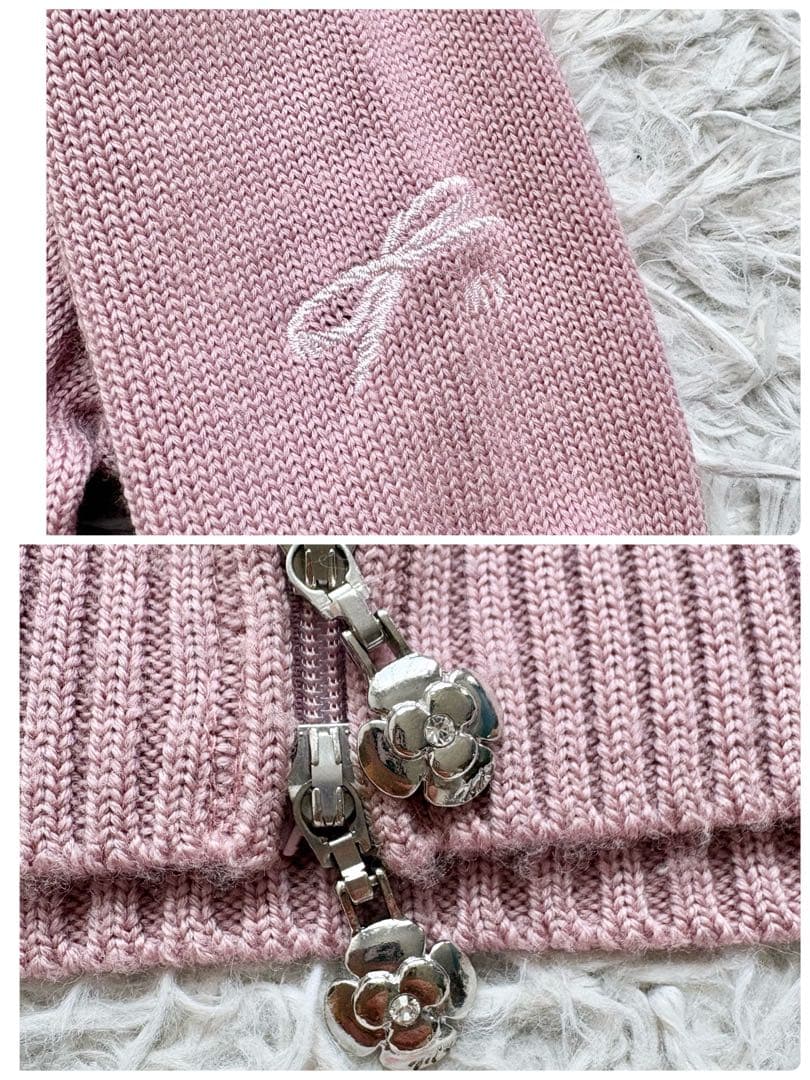 極美品♡エムズグレイシー フード付きニットパーカー リボン刺繍 ダブルジップ L