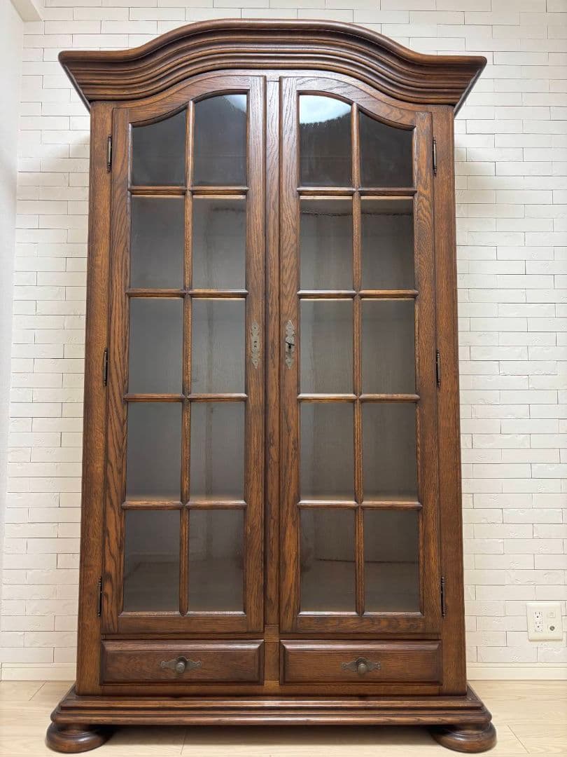 オランダ家具 オーク無垢材 ガラス扉キャビネット/本棚/食器棚/飾り棚