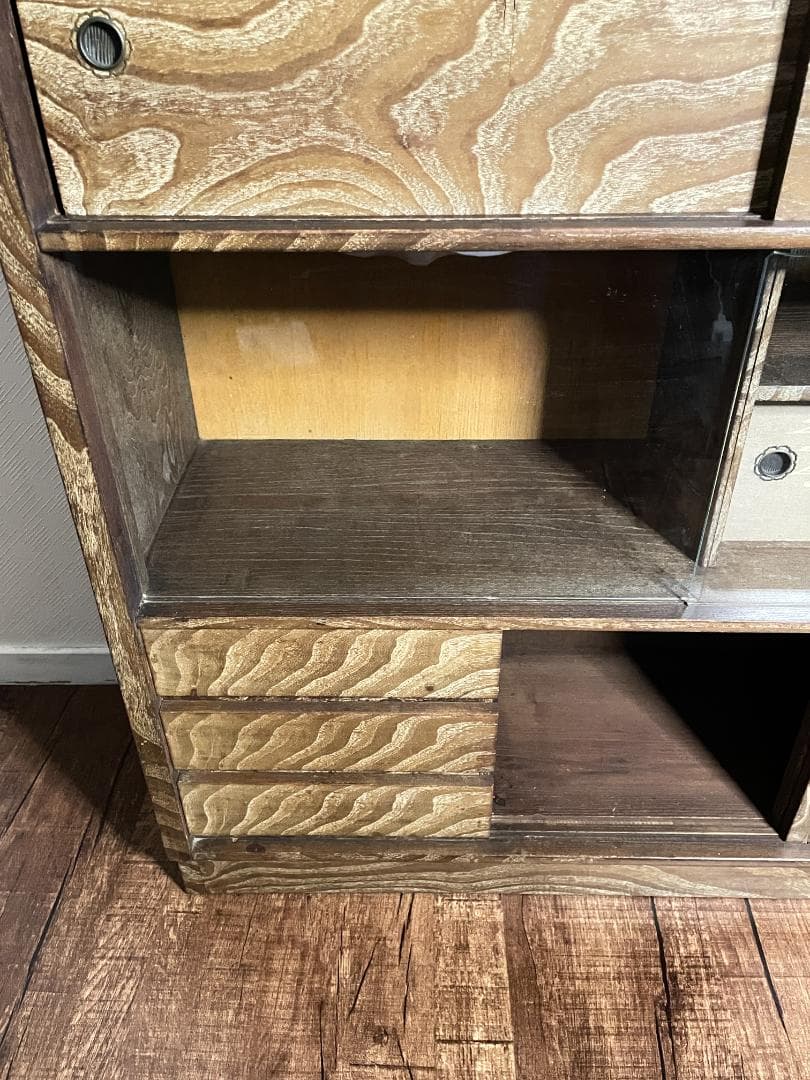 【昭和レトロ】茶ダンス｜収納棚｜ガラス戸付き｜キズあり｜木目調｜ヴィンテージ家具