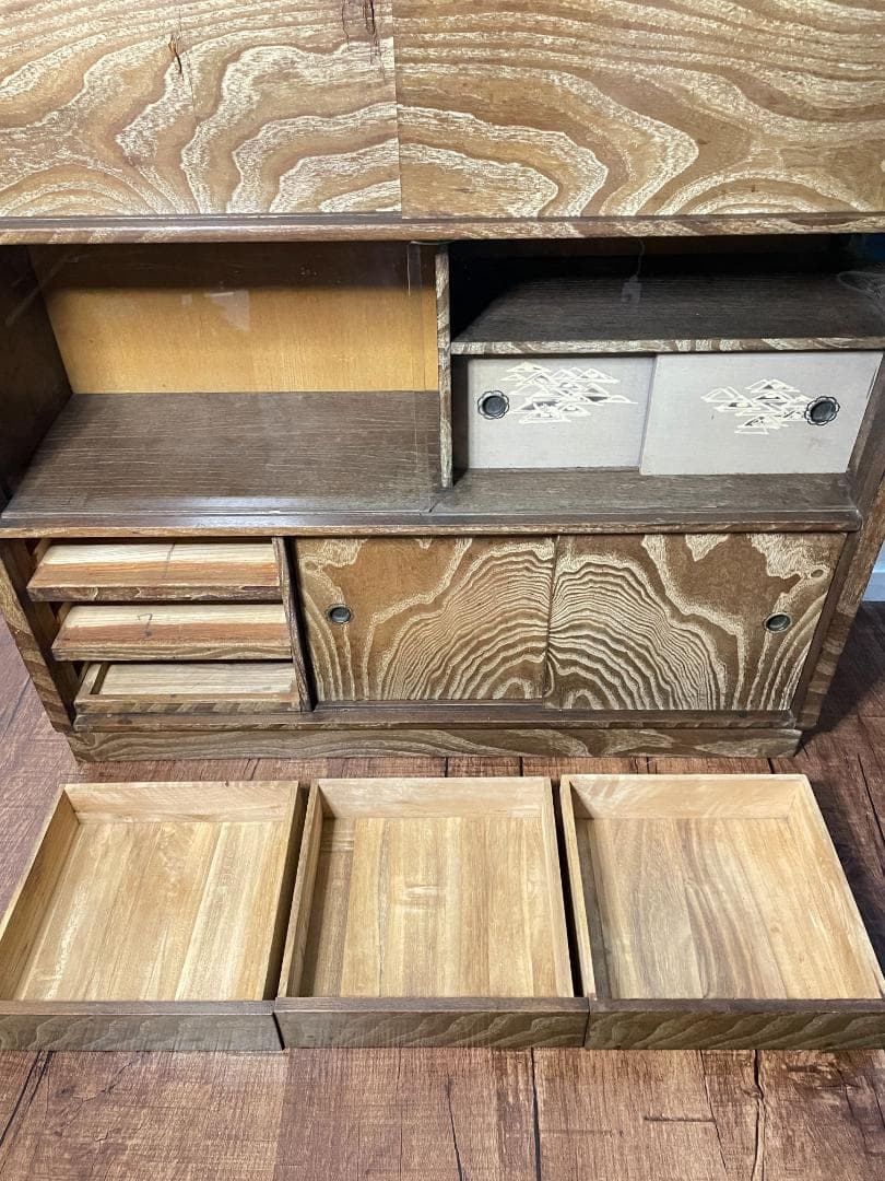 【昭和レトロ】茶ダンス｜収納棚｜ガラス戸付き｜キズあり｜木目調｜ヴィンテージ家具