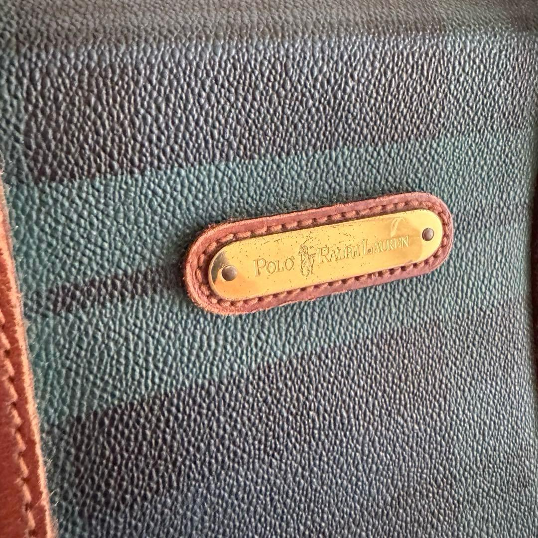 ポロラルフローレン グリーン チェック柄 ボストンバッグ PVC×レザー 旅行鞄