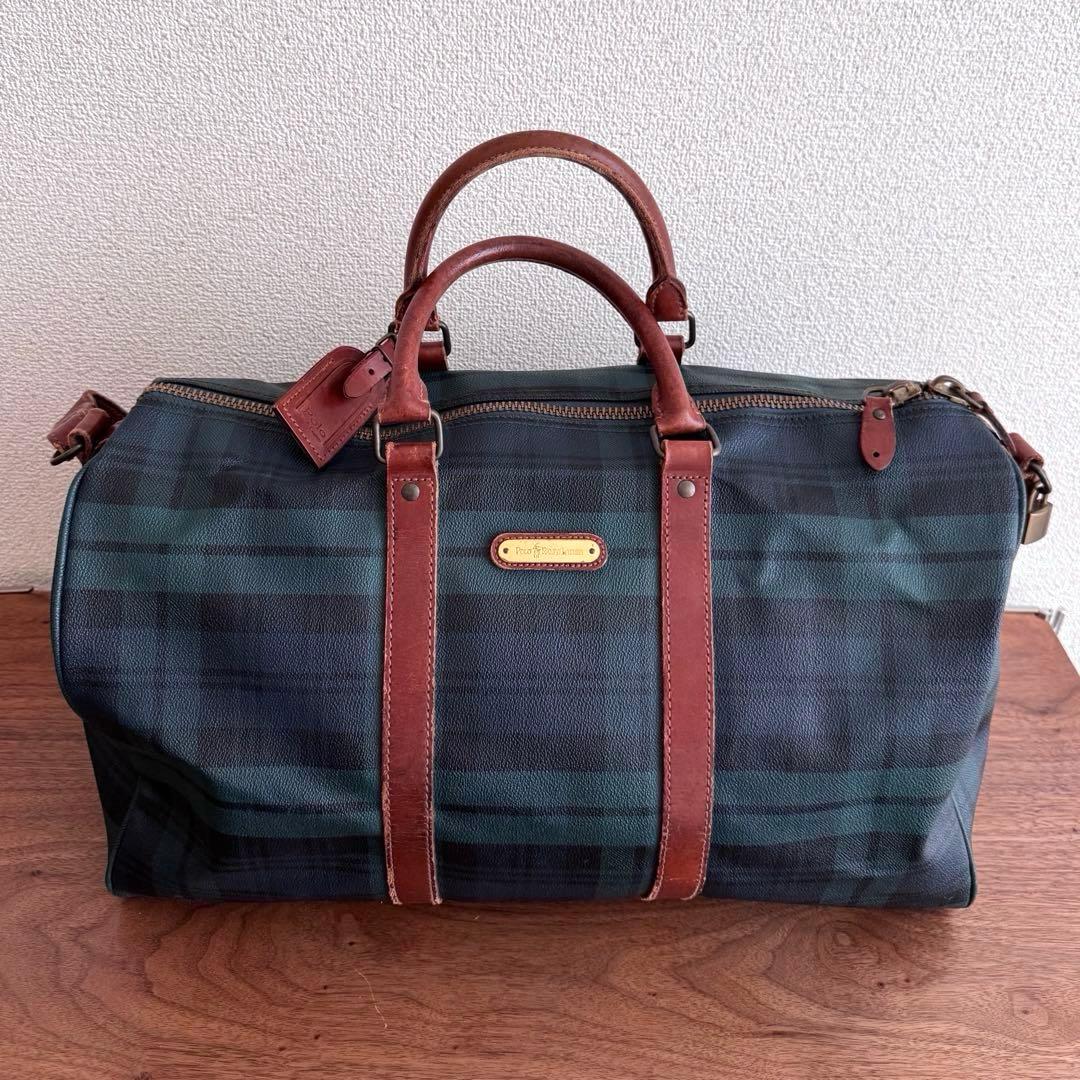 ポロラルフローレン グリーン チェック柄 ボストンバッグ PVC×レザー 旅行鞄