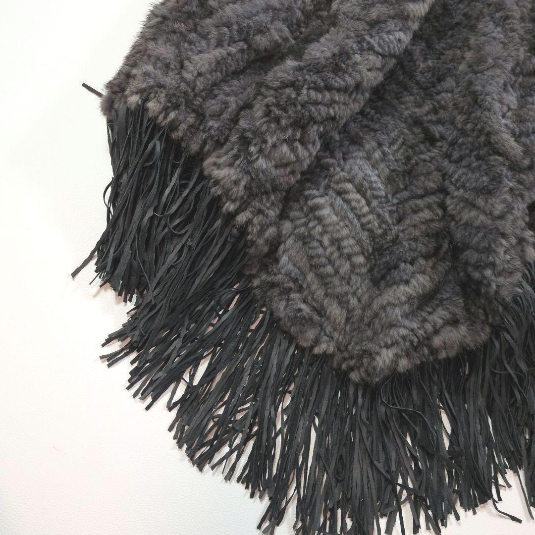 【極美品】ミンクヤーン 　ポンチョ　フード付きミンクファー　羊革フリンジ 毛皮