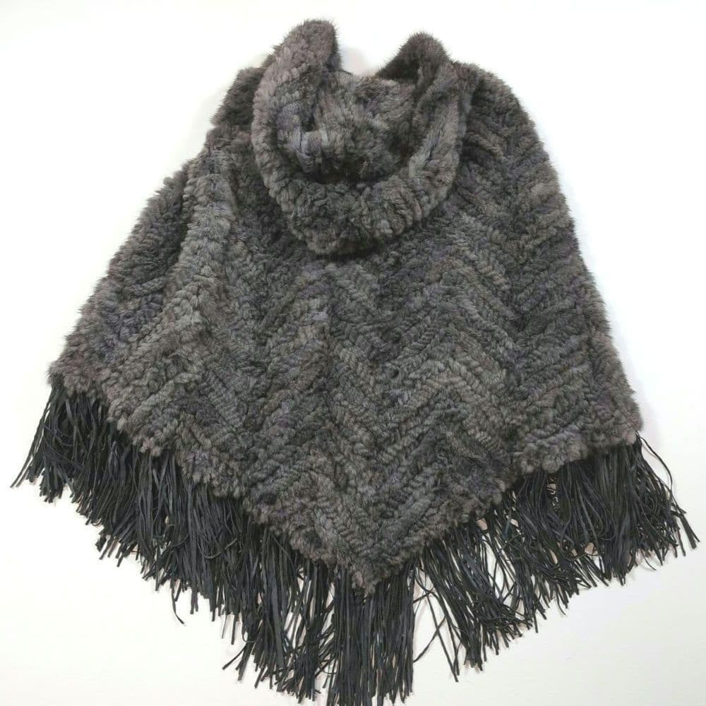 【極美品】ミンクヤーン 　ポンチョ　フード付きミンクファー　羊革フリンジ 毛皮